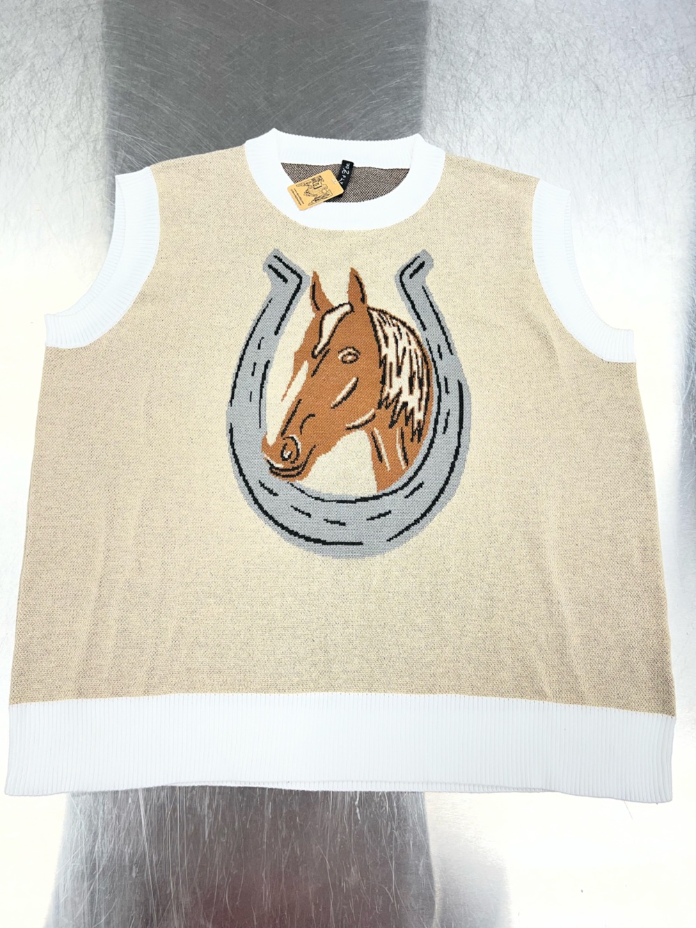 2 Fly Co. Sleeveless Beige Horse Intarsia Crewneck Sweater Women’s L/XL